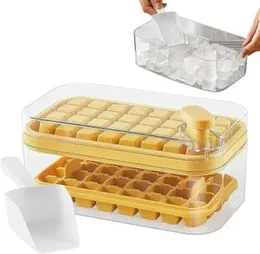 Homecloud 2 Layer Ice Cube Tray with Lid & Bin, Square Ice Cubes Molds with Ice Scoop, One Tap Easy Release & Save Space, BPA Free Ice Cube Storage Co