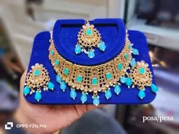 Beaded Choker Necklace Set with Light Blue Beads & Tikka