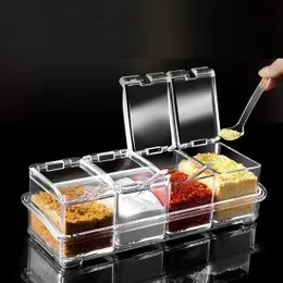 4 Compartment Crystal Spice Rack Crystal Seasoning Acrylic Box Pepper Salt Spice Rack Plastic 4 Box with Spoons Kitchen See Through Storage Containers