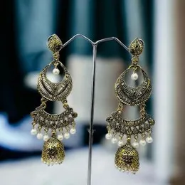 Dull Gold Vintage Long Jhumka Tassel Drop Earrings with White Pearl for Women and Girls