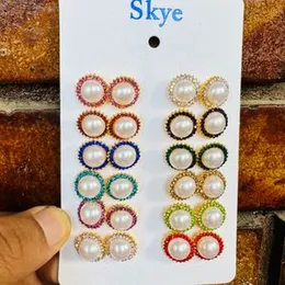 Rose Gold Color Big Round Pearl Stud Earrings with Multi-Color Stones for Women & Girls