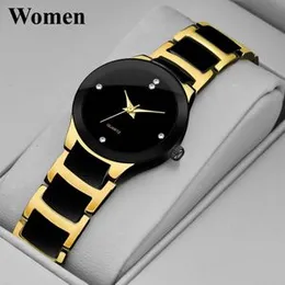 New luxury stainless steel chain quartz analog wrist watch for ladies black gold & black silver women girls watches