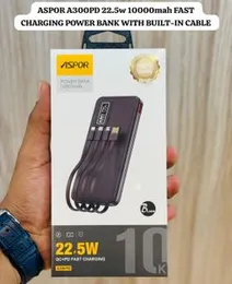 ASPOR A300PD 22.5W 10000mAh Fast Charging Power Bank with Built-in Cable.