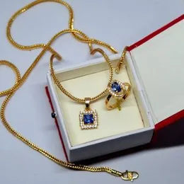 Princess Cut Blue Stone  Pendant with Chain and Ring Gold Finish for women