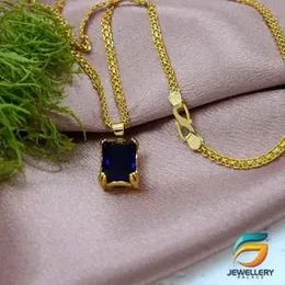 GÃ³ld Plated Chain With Pendant 18/24 inch 02MM Bismark Chain with Dark Blue Box Shape Stone Pendant Neclace for Ladies & Girl.