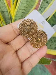 Oxidized Gold Color Big Round Dot Design Stud Earrings with Carving for Women & Girls