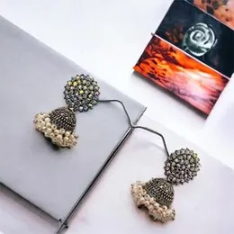 Dull gold color jimmiky drop earring with white pearl and maroon, red, blue, green, white fixed stones for girl and women