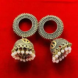 Dull Gold Jhumki Earrings with White Stones and White Pearl for Women