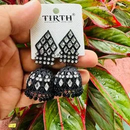 Black Jimikki Drop Earrings with White Stone Design for Women and Girls