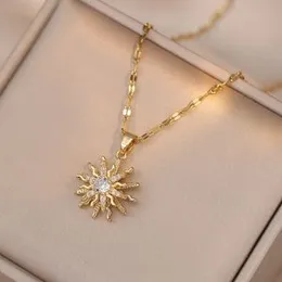 Rotating Flower Pendant Stainless Steel Chains Necklaces For Women Antique Gold Color White Zircon Sun Clavicle Necklace Jewelry
