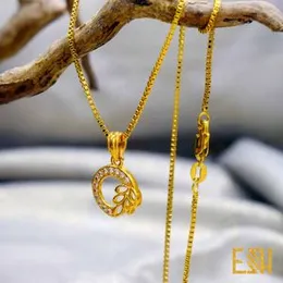 ESH Gold Plated Guaranteed Stylish 1MM Box Chain with Leaf Round Fixed Stone Pendant