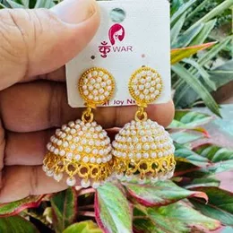 gold color beautiful jimikky earring big and small size with white pearl drop and white pearl beaded for women and girl