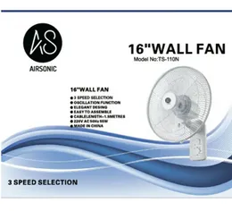 Airsonic Wall Fan 16 Inch 1 Year Warranty High Quality 55W 3 Speeds Oscillation Tilt Adjustable Safety Grill Powerful Cooling