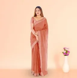 DARK ORANGE WITH WHITE STITCH BOARDER ORGANZA COTTON