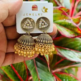 Oxidized Gold Double Step Beaded Jimikki Drop Earrings with Multi Stone for Women and Girls
