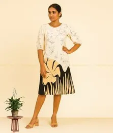 White with Cream & Black LS Frock 07