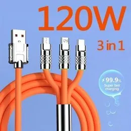 ORANGE 3-in-1 120W Fast Charging Cable | Multi-Charging Data Cable with USB Type-C & USB Ports | Retractable Portable Charger Cord for Phones and Tabl
