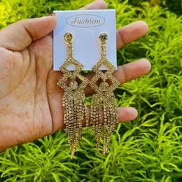 Gold Color 2-Step Rhombus Long Tassel Earrings with White Stone for Women & Girls