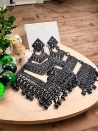 Full Black Three-Step Long Tassel Earrings with Black Pearl for Women and Girls