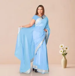 Blue With Silver Border ORGANZA COTTON