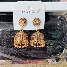 Dull Gold Fashion Bollywood Drop Jimikki Earrings with Beads & White Stone for Women and Girls