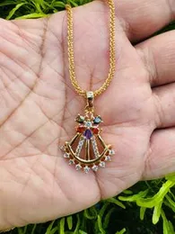 Gold Plated New Stylish Flower Fashion Long Pendant (Without Chain) with Multi Colour Stones for Women & Girls