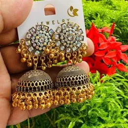 Oxidized Gold Color Tassel Jimmiki Earrings with Multi Stones & Dull Gold Beads for Women and Girls