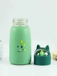 Coco Kitchen Cartoon Printed Kids Water Bottle | Double Layer Inner Glass Outer Plastic 360 ml Bottle With Drinking Glass