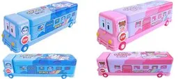 Toyshine Set of 2 Cartoon Printed School Bus Matal Pencil Box with Moving Tyres and Sharpner for Kids - Blue and Pink