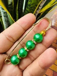 Gold Color Saree Pin with Green Shine Round 4 Pearl Big Brooch for Women