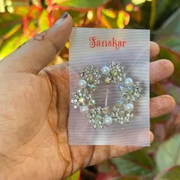 Beautiful Flower Design Round Saree Brooch with White Stone and White Pearl for Women