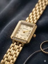 Hongdui quartz watch featuring a gold-toned square case
