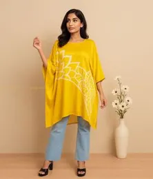 Yellow with White Silk Batik Kaftan