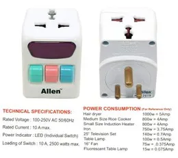 3 pin Travel Adapter with Alll in One Universal Multi Plug Socket 220V Individual Switches & 3 Sockets