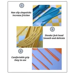 4-Piece Portable Utensils Healthy Eco-Friendly Wheat Straw Cutlery Reusable Chopstick Fork Knife Spoon Set