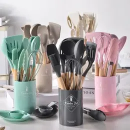Random Colour Kitchen Utensil Set Silicone Cooking Kit Spatula Heat Resistant Wooden Spoons Gadgets Tool