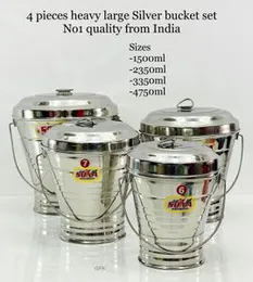 Polished Silver SVS Stainless Steel Bucket Set – Heavy Quality (1.5L, 2.35L, 3.35L, 4.75L)