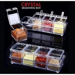 Seasoning Box Crystal Spice Jar Set 4 Compartments Container Condiment with Cover and Serving Spoon for Kitchen Storage, CrystalLuxâ¢ Executive 4-Pie