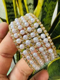 Rose gold, gold and silver color beautiful four-line free size Pearl bangle with white stone for women and girl