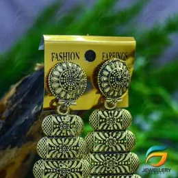 Gold Plated Earrings Dull Gold traditional Temple Design Long Metal With White Pearl Drop Jimikki Earrings for Women.