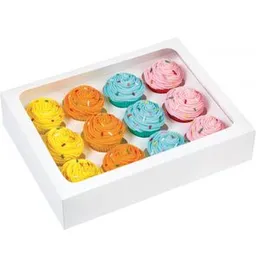 33cm x 24cm x 8cm Cardboard Cupcake Box with Window Gift Box White Brown Kraft Paper Boxes Dessert Mousse Box 12 Cup Cake Holders (WHITE)