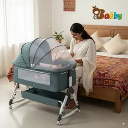 Baby Bedside Crib, Newborn Bedside Sleeper, Baby Bassinet bed With Large Storage Basket, Side Mesh Portable Infant Travel Crib,Adjustable Height Soft