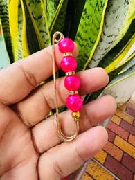 Gold Color Saree Pin with Magenta Shine Round Design & 4 Pearl Big Brooch for Women