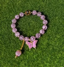 Handcrafted Elegant Pink Crackle Beads Stretch Bracelet with Cute Butterfly Charms, Stylish Women's Fashion Jewelry, Perfect Gift Idea