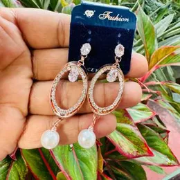Gold, Silver & Rose Gold Pearl Drop Earrings with White Stone for Women and Girls
