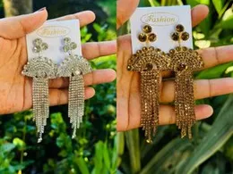 Gold & Silver Long Tassel Earrings with Gold and White Stone for Women and Girls
