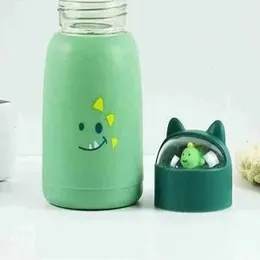 Coco Kitchen Cartoon Printed Kids Water Bottle | Double Layer Inner Glass Outer Plastic 360 ml Bottle With Drinking Glass