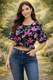 Printed flower back knot blouse AD73E