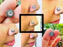 Silver Color Indian Traditional Non-Piercing Big Flower Design Nose Ring with Stone for Women & Girls