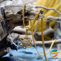 Gold Plated Chain With Pendant 18/24 inch 02MM Bismark Chain with Flower Pendant Necklace for Ladies & Girl.